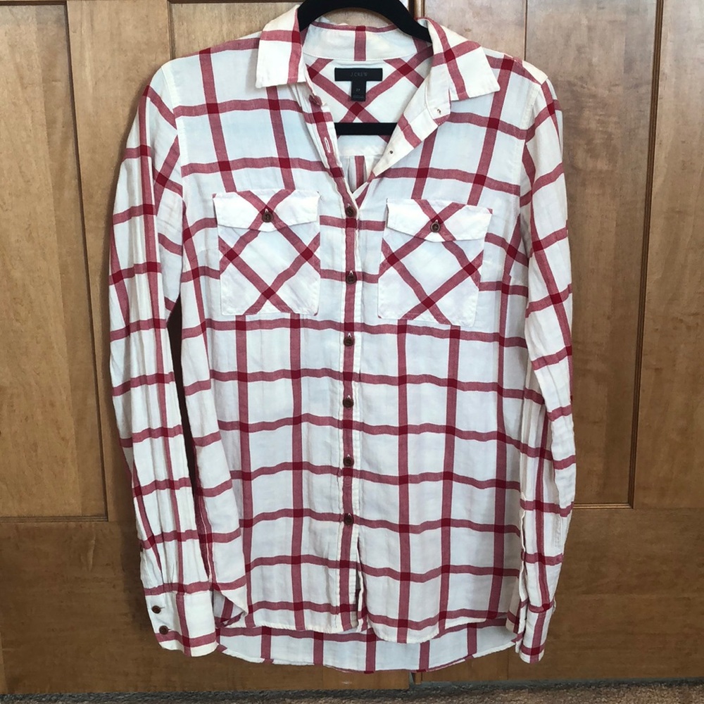 2 TALL J. Crew Flannel Cream & Red Button Down